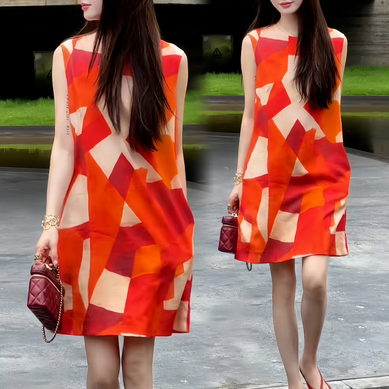 Orange Geometric Pattern Sleeveless Dress for Women 2026 Summer New Style Petite Waist-Slimming Mid-Length Dress Orange Geometric Pattern Sleeveless Dress for Women 2026 Summer New Style Petite Waist-Slimming Mid-Length Dress
