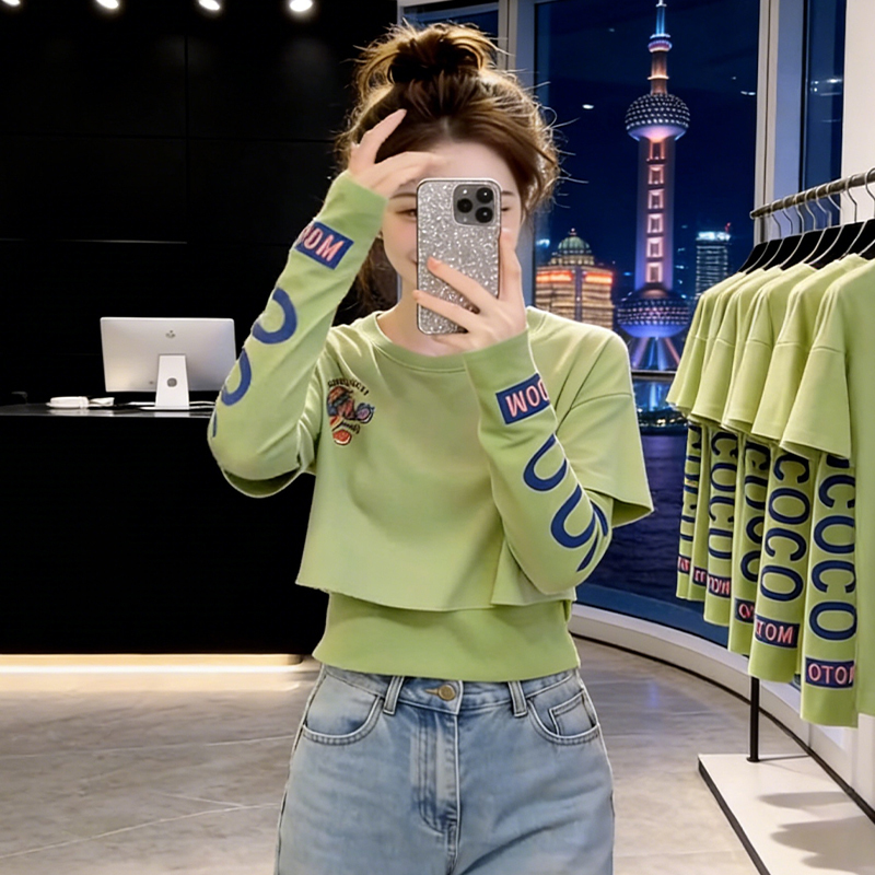 American Style Fake Two-Piece Long-Sleeve Letter Print T-Shirt for Women, Popular in Spring and Autumn 2026, Stylish, Age-Reducing, Versatile, Niche Top