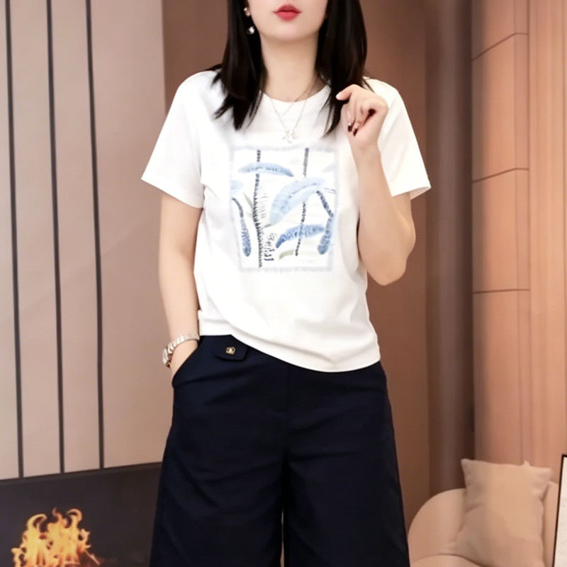 欧货时尚印花圆领短袖T恤女2026夏季新款洋气独特漂亮巨好看上衣