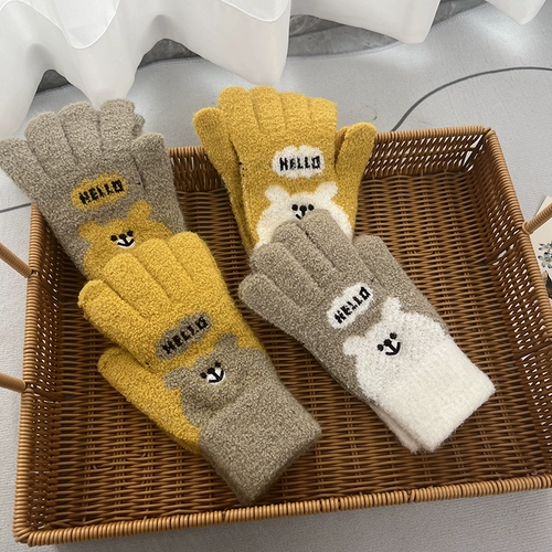 Милые перчатки, зимний мультяшный удерживающий тепло шерстяной трикотажный утепленный ветрозащитный комплект, с медвежатами