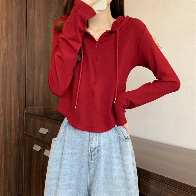 Design-Conscious, Niche Fashion, Half-Zip Women's Spring and Autumn 2024 New Style, Petite, Slim-Fit Hooded T-Shirt Top