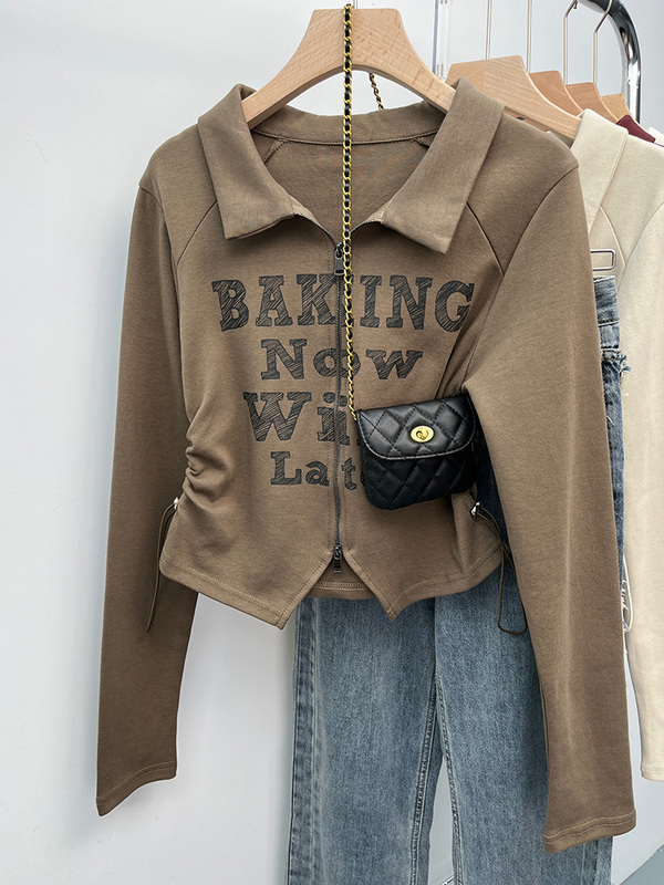Autumn and Winter Unique and Chic American Retro Sweet and Spicy Style Waist-Cinching Short Polo Collar Top Women's Long-Sleeve T-Shirt Autumn and Winter Unique and Chic American Retro Sweet and Spicy Style Waist-Cinching Short Polo Collar Top Women's Long-Sleeve T-Shirt
