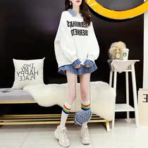 2022 New Pregnancy Woman Dress Spring Autumn Fashion Denim Splicing Polo Collar Guard Clothes Loose and Lazy Wind Pregnant pregnant women blouses