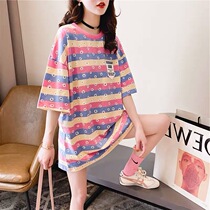 Pregnant womens tops for summer out loose mid-length striped short-sleeved t-shirt hot mom postpartum cotton pregnant womens clothes