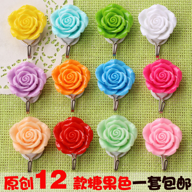 Cute Flower Adhesive Hooks for Kitchen and Bathroom Walls, Strong Load-Bearing Adhesive Hooks, Creative Pastoral Rose Flower Coat Hooks