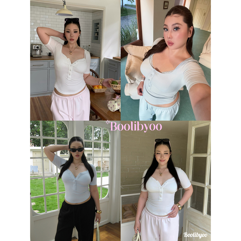 Boolibyoo Heart Hunter Plus Size Summer Hot Girl Stretch Tight T-Shirt with Chest Pad Lace Camisole Two-Piece Set Boolibyoo Heart Hunter Plus Size Summer Hot Girl Stretch Tight T-Shirt with Chest Pad Lace Camisole Two-Piece Set