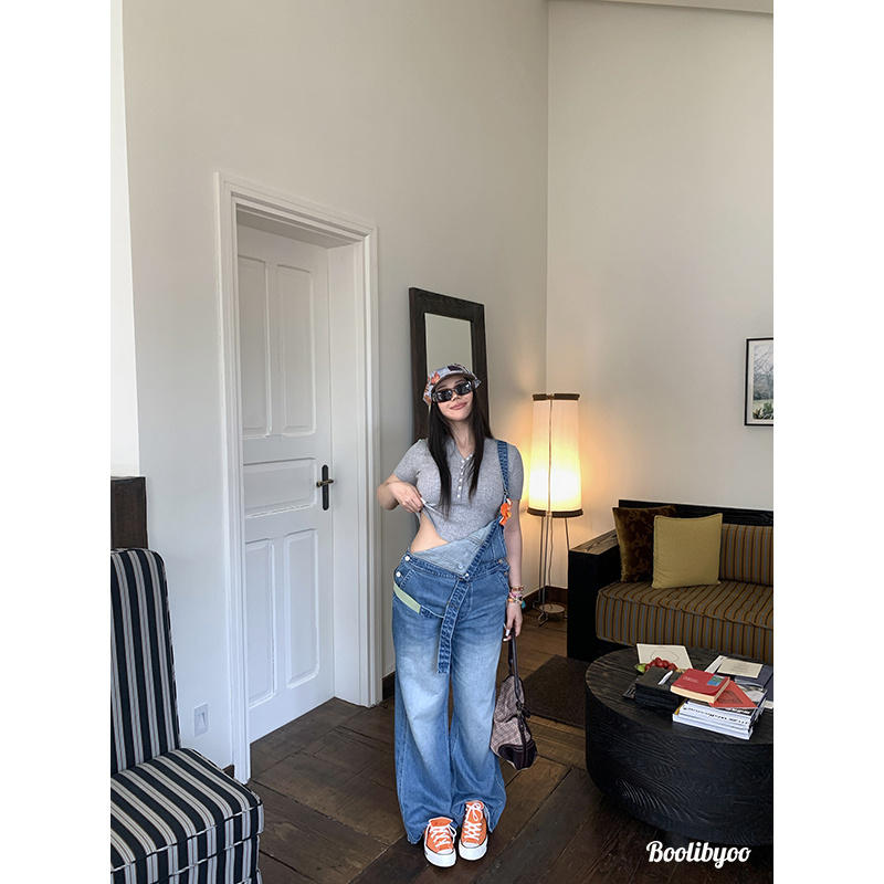 Boolibyoo Denim Friends Plus Size Vintage Light Blue Cat Whiskers Lyocell Stretchy Suspender Wide-Leg Jeans