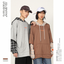 RJKK plaid stitching pullover printing sweater mens spring Japanese cotton fake two simple trend couple coat