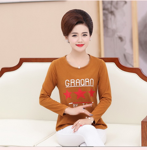 Phụ nữ trung niên mùa thu mới áo thun cotton dài tay cổ tròn in mẹ phiên bản Hàn Quốc tự may áo sơ mi chạm đáy mẫu áo kiểu trung niên