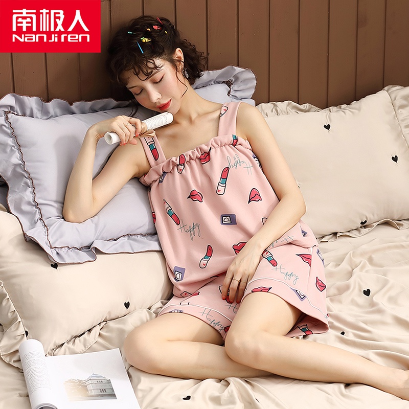 Lady sling sleepwear woman Summer with chest cushion Two sets of Korean version pure cotton slim Vest Sleeveless Outer Wear Suit