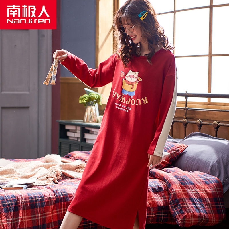 Nightdress women's spring and autumn pure cotton long-sleeved sweet thin section cute outerwear summer fashion loose student pajamas home service