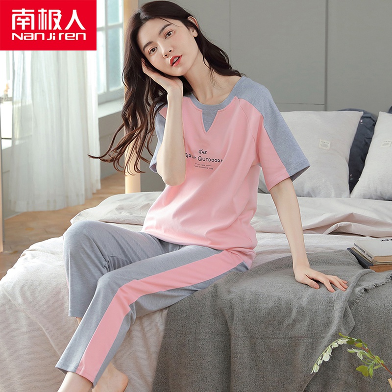 South Pole summer pyjamas ladies Summer pure cotton slim short sleeves Long pants ladies All cotton Home Suits Two Style Suits