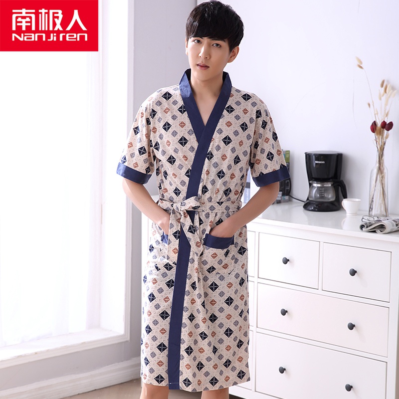 Men's sleeping robes pure cotton Summer short sleeves Long version of thin-style bath robe for overweight middle-aged full cotton semi-sleeve pyjamas