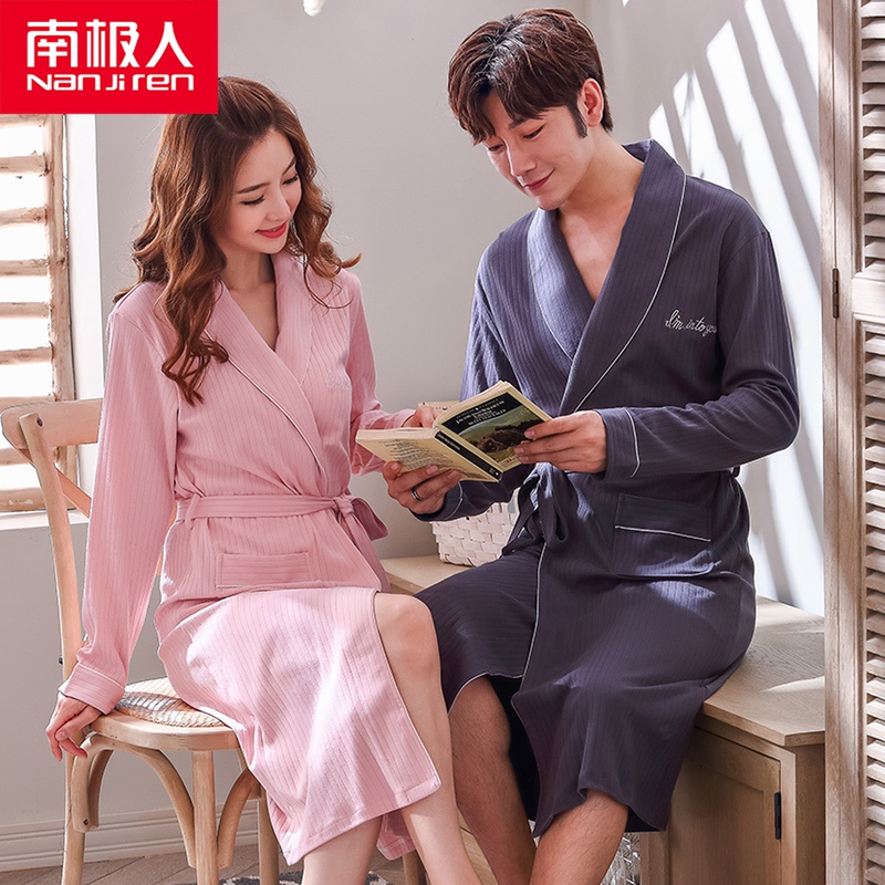 Lovers Sleeping Robes Spring Autumn Season Pure Cotton Medium Long Version Bathrobe Women Men's Bathing Suit Long Sleeve Thin hotel All cotton Sleeping Summer