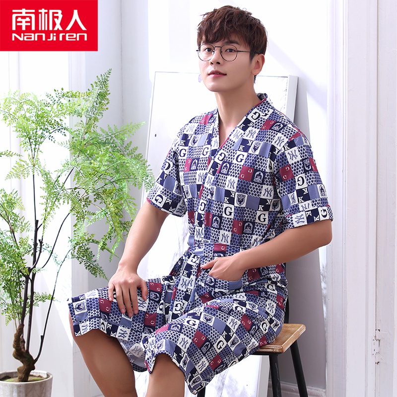 Sleeping Robe Men's Summer Pure Cotton Big Size Bathrobe Short Sleeves Spring Autumn Season Short bathing suit Men's youth day style pyjamas