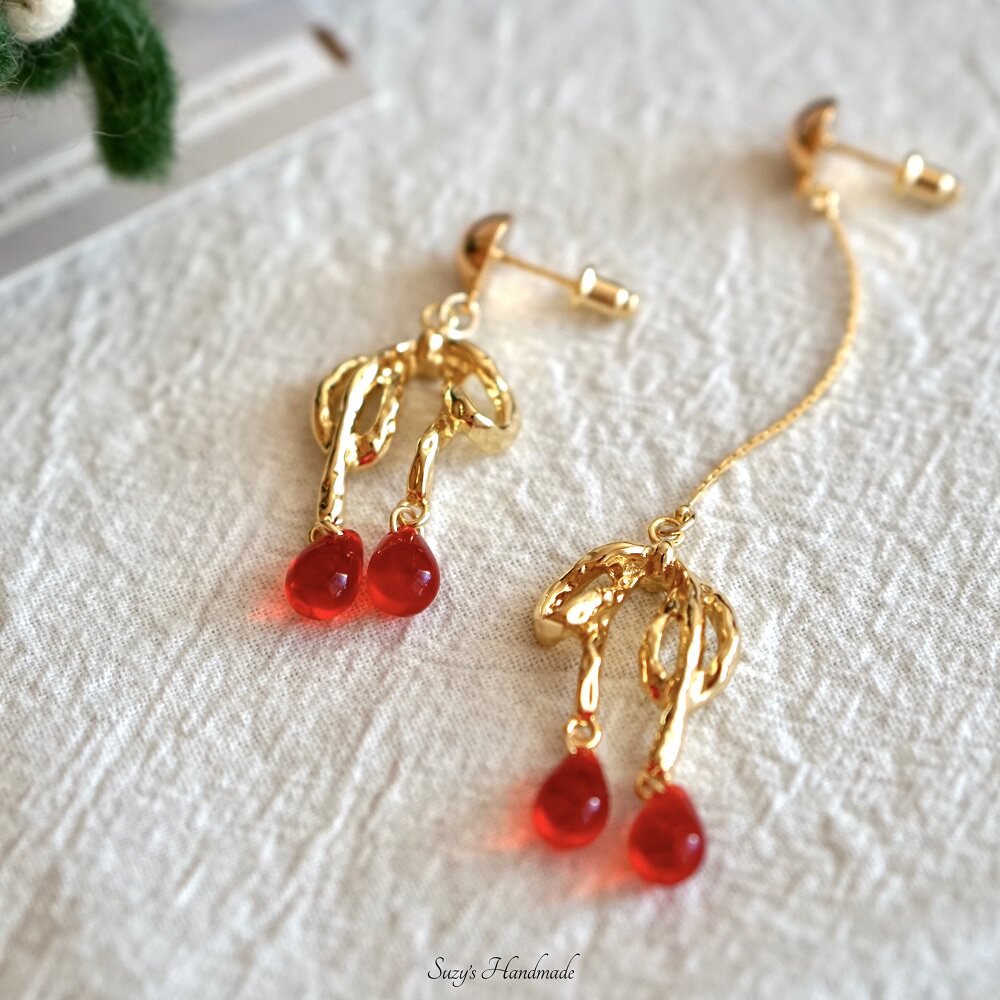 Handmade Playful Leather Cherry Red Glazed Artisanal small crowddesign butterfly knots TRIFARI earrings clip-Taobao