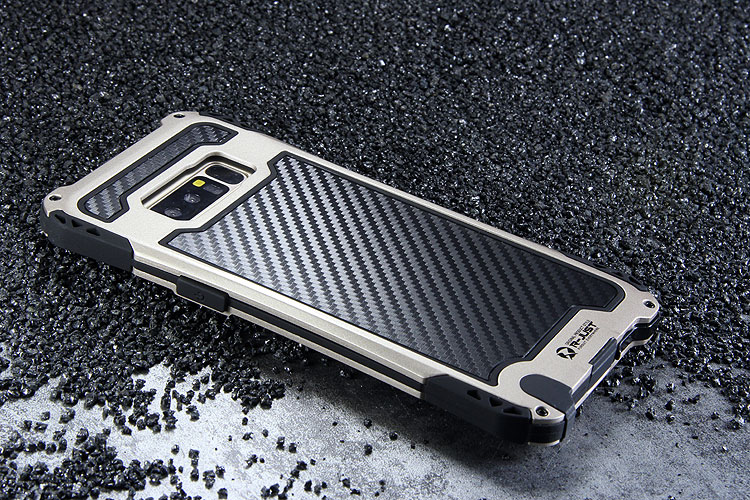 R-Just Amira Heavy Duty Dirtproof Shockproof Rainproof Aluminum Metal Bumper Carbon Fiber Back Cover Case for Samsung Galaxy Note 8