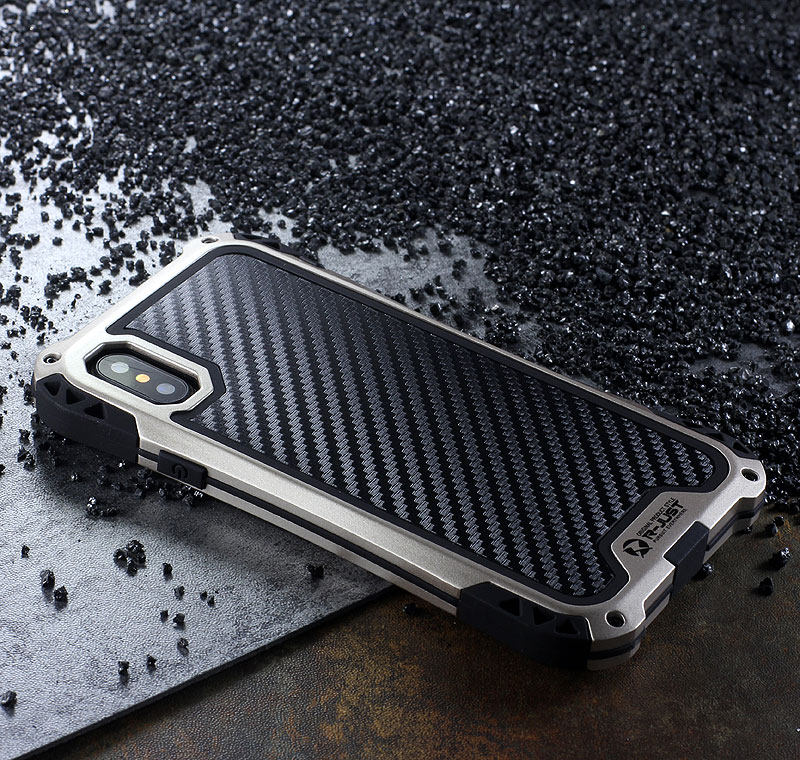 R-Just Amira Heavy Duty Dirtproof Shockproof Rainproof Aluminum Metal Bumper Carbon Fiber Back Cover Case for Apple iPhone X
