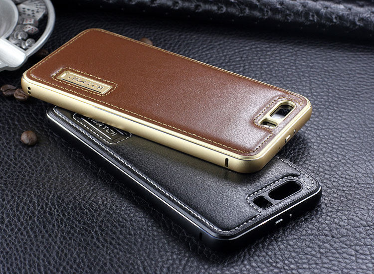 iMatch Luxury Aluminum Metal Bumper Premium Genuine Leather Back Cover Case for Huawei P10 Plus & Huawei P10