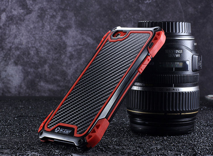 R-JUST Amira Heavy Duty Dirtproof Shockproof Rainproof Aluminum Metal Bumper Carbon Fiber Back Cover Case for Apple iPhone 6S/6 & iPhone 6S Plus/6 Plus & iPhone SE/5S/5
