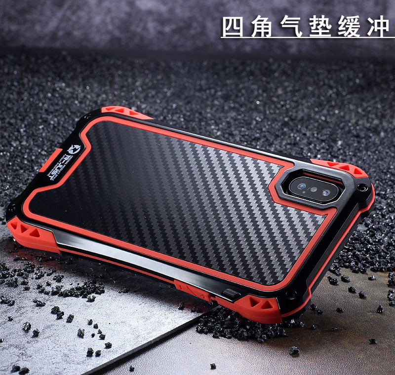 R-Just Amira Heavy Duty Dirtproof Shockproof Rainproof Aluminum Metal Bumper Carbon Fiber Back Cover Case for Apple iPhone X