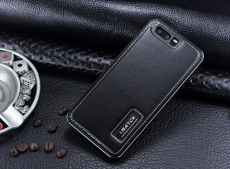 iMatch Luxury Aluminum Metal Bumper Premium Genuine Leather Back Cover Case for Huawei P10 Plus & Huawei P10