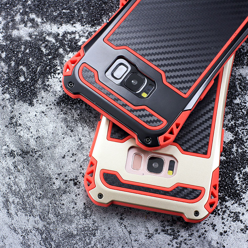 R-Just Amira Heavy Duty Dirtproof Shockproof Rainproof Aluminum Metal Bumper Carbon Fiber Back Cover Case for Samsung Galaxy S8 Plus & S8