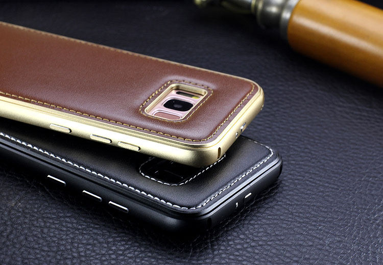 iMatch Luxury Aluminum Metal Bumper Premium Genuine Leather Back Cover Case for Samsung Galaxy S8 Plus/S8