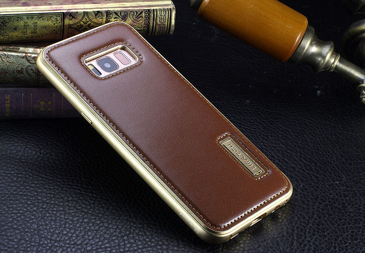 iMatch Luxury Aluminum Metal Bumper Premium Genuine Leather Back Cover Case for Samsung Galaxy S8 Plus/S8