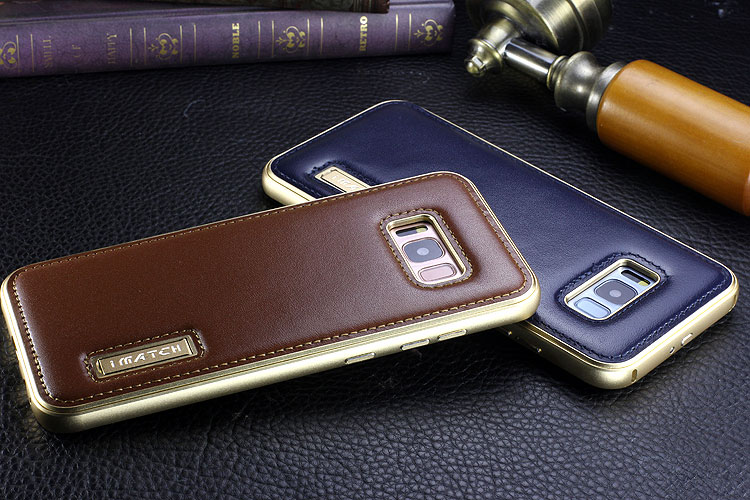 iMatch Luxury Aluminum Metal Bumper Premium Genuine Leather Back Cover Case for Samsung Galaxy S8 Plus/S8