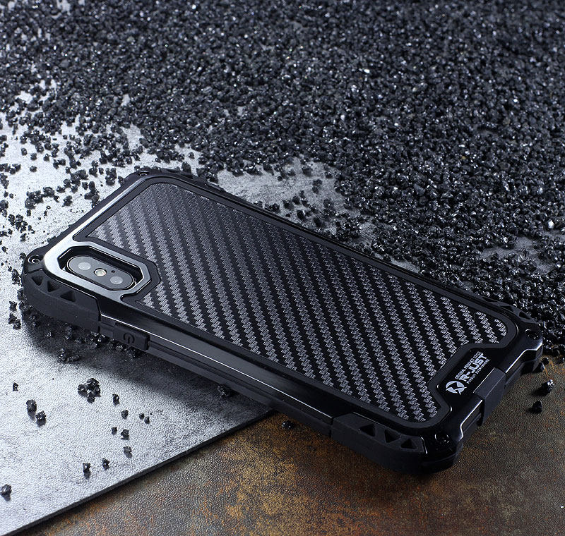 R-Just Amira Heavy Duty Dirtproof Shockproof Rainproof Aluminum Metal Bumper Carbon Fiber Back Cover Case for Apple iPhone X