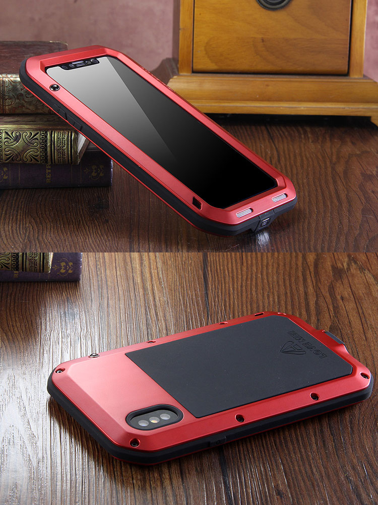 LOVE MEI Powerful Water Resistant Shockproof Dust/Dirt/Snow Proof Aluminum Metal Outdoor Gorilla Glass Heavy Duty Case Cover for Apple iPhone X