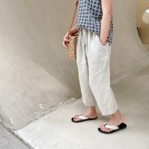 Seven sets of spring and summer new childrens clothing boys and girls solid color cotton Capri pants large children linen casual pants parent-child