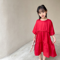 Seven sets of summer new childrens clothing girls cotton linen red short sleeve dress childrens linen long skirt