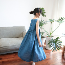 Seven sets of original new childrens clothing girls linen sleeveless dress childrens solid color cotton linen back skirt parent-child