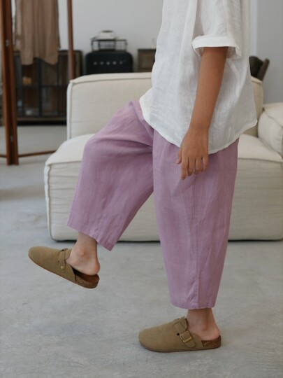 Qiji summer new children's clothing medium and large children's linen casual solid color cropped pants for boys and girls Japanese style parent-child pants