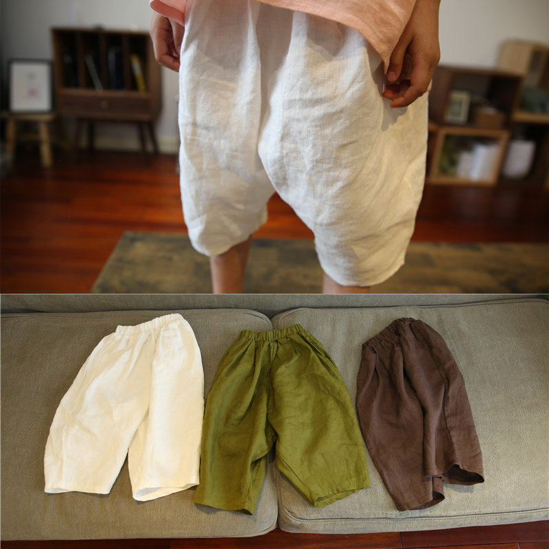 Summer new product children's clothing boys and girls cotton hemp pure color cropped pants children linen loose radish shorts baby casual