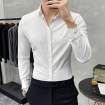 Spring and autumn Korean slim Tide mens long sleeve shirt casual mercerized solid color wedding groom shirt work Dress White