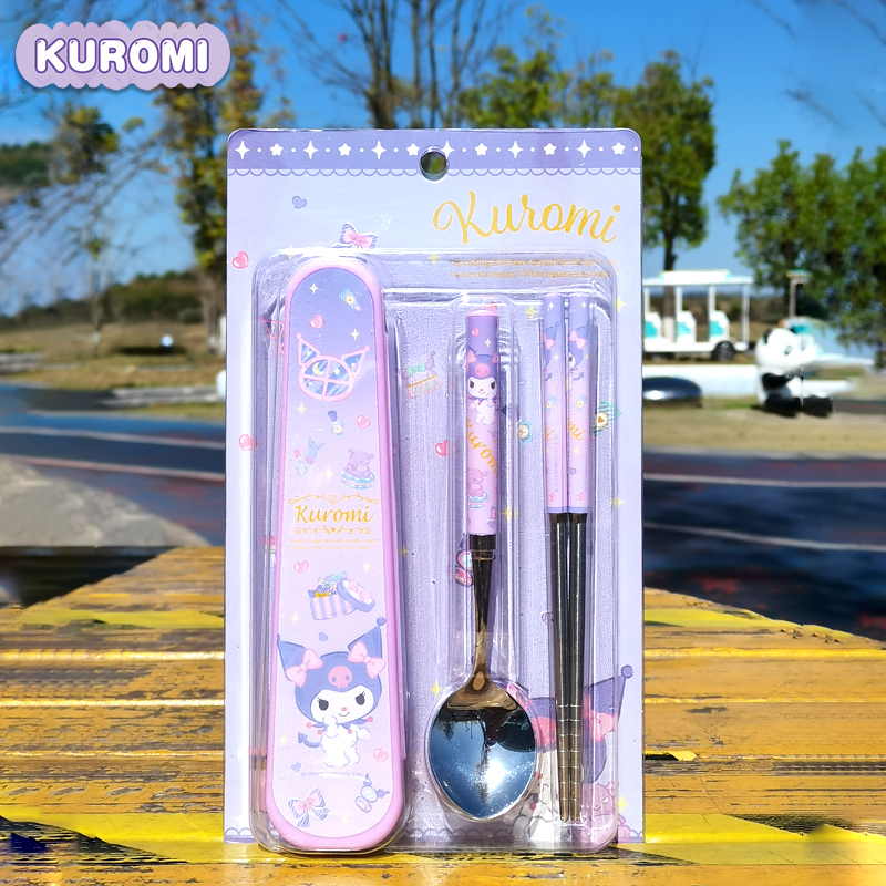 Kuromi Children's Chopsticks and Spoon Set Portable Storage Box Tableware for Primary School Students Three-Piece Stainless Steel Set Kuromi Children's Chopsticks and Spoon Set Portable Storage Box Tableware for Primary School Students Three-Piece Stainless Steel Set