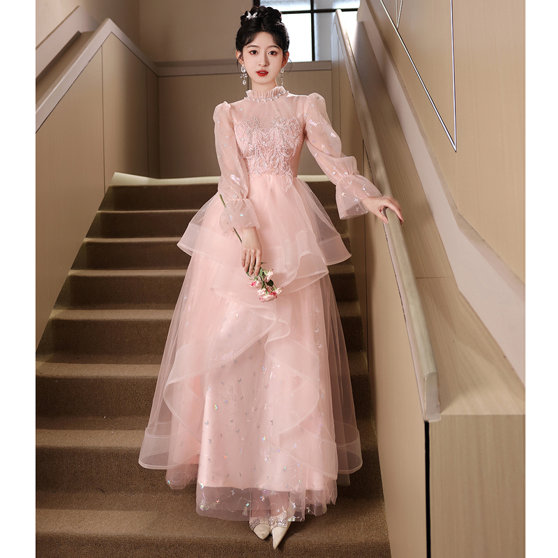 Pink Evening Dress for Women, High-End, Elegant, Light Luxury, Niche, Classy, Annual Meeting, Art Exam Dress, Long-Sleeved, Summer