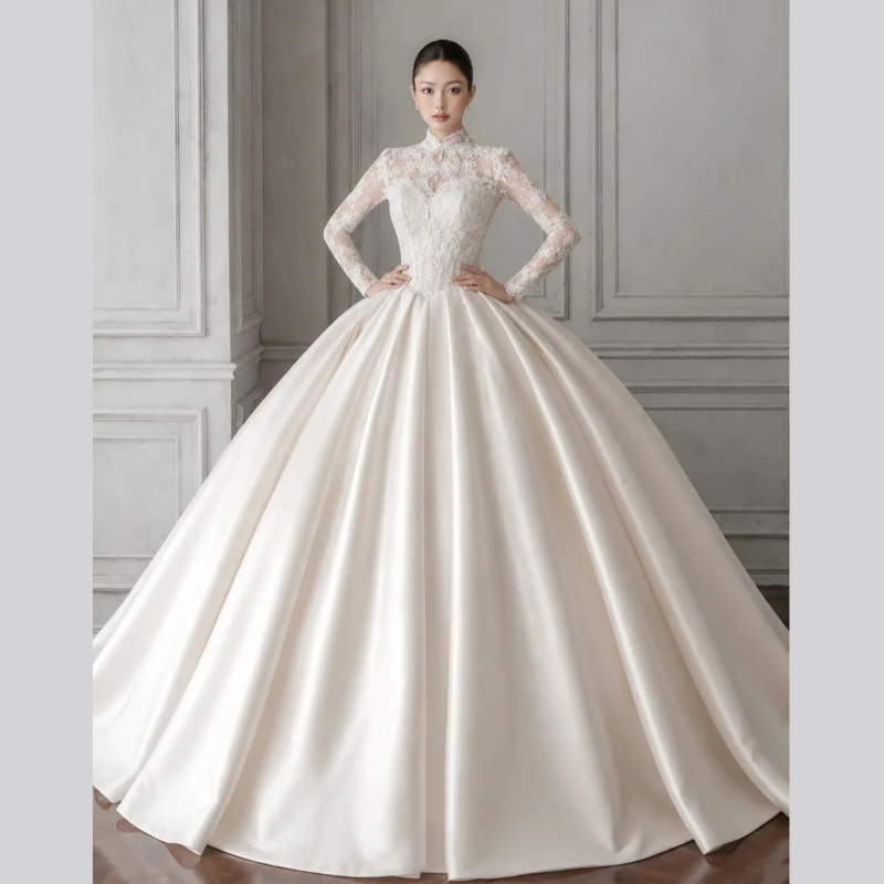 French-Style High-Neck Lace Long-Sleeve Satin Wedding Dress 2026 New White High-Quality Texture Reception Main Dress Bride Autumn and Winter