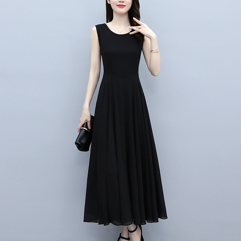 2026 Summer New Chiffon Dress for Women, Elegant Waist-Cinching Slimming Tummy-Covering Plus Size Strap Black Tank Long Dress