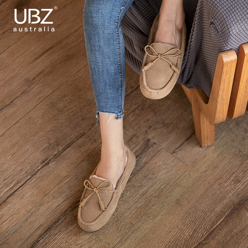 UBZ waterproof plus velvet beanie shoes women's 2022 new fashion winter all-match leather shallow mouth soft bottom slip-on women's shoes