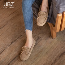 UBZ waterproof and Velvet Bean shoes women 2021 New Fashion winter wild cowhide cowhide shallow soft bottom one pedal womens shoes