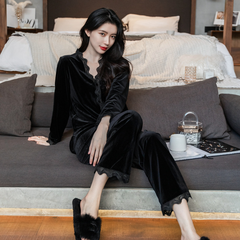 Velvet Pajamas for Women, Sexy Spring and Autumn Style, Internet Celebrity Style, Long-Sleeved Black Autumn and Winter Style, 2026 New Home Wear