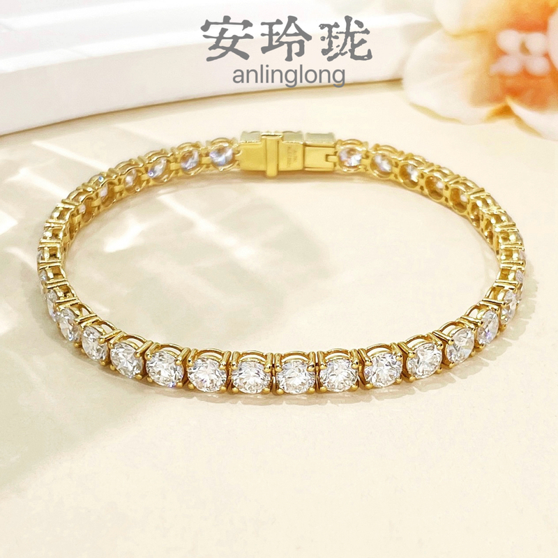 18K Yellow Gold Lab-Grown Four-Prong Pavé Diamond Tennis Bracelet, Light Luxury Fashion Gold Bracelet, Luxurious Sparkling Diamond Jewelry