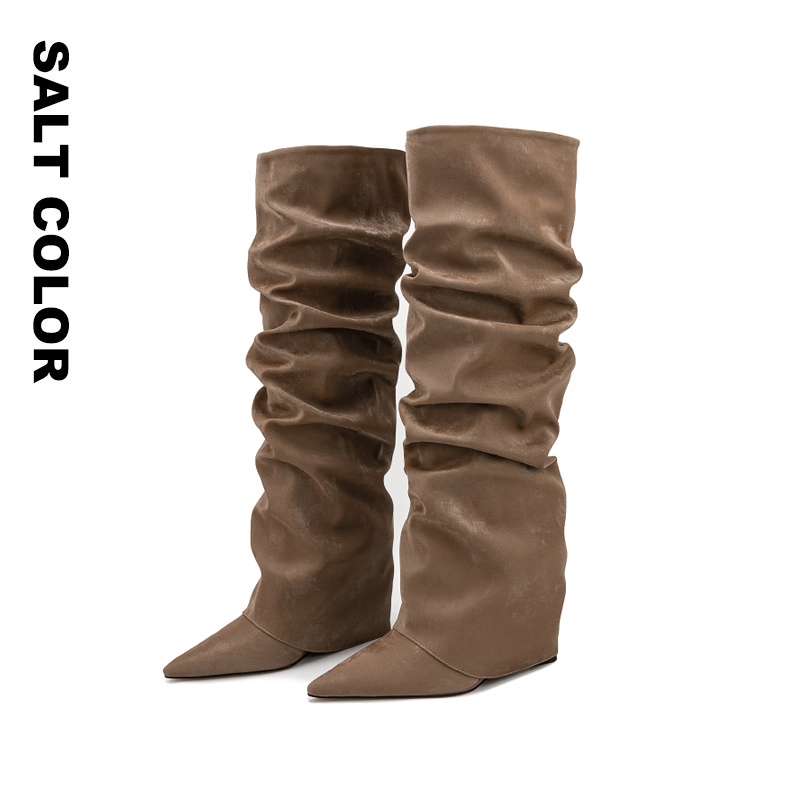【Gulina Naza's Style】Saltcolor Pointed Toe Wedge Pleated Boots for Women, High-Heeled Loose Trouser Boots 【Gulina Naza's Style】Saltcolor Pointed Toe Wedge Pleated Boots for Women, High-Heeled Loose Trouser Boots