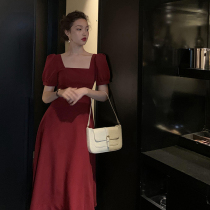 Large code French style one-piece dress red high waist fairies ultra senssen elegant temperament retro Hepburn fat mm less age