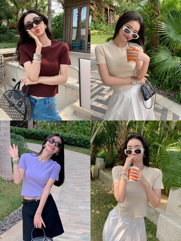 Ls Single Product Bestseller! German Yangzi Yarn Short-Sleeved Knit Top for Women, 2026 Summer Versatile Round-Neck T-Shirt Base Layer