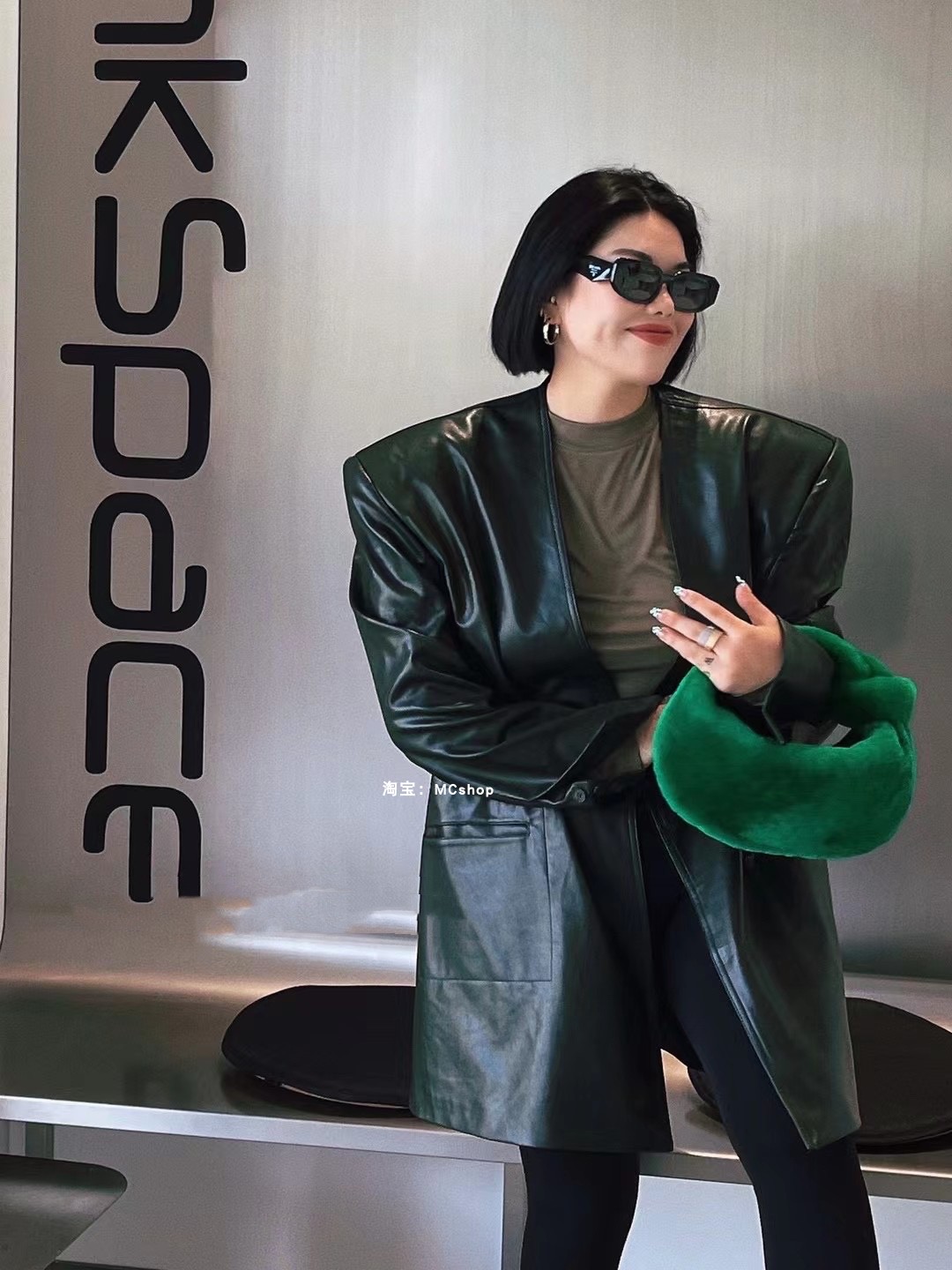 Dark Green Leather Jacket 2022 Korean Spring and Autumn Loose Retro Broad Shoulder Lazy Wind V-neck PU Leather Jacket Mid-Length Trend